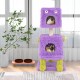 Purple monster-themed cat tower with two cozy condos, sisal scratching post, and plush hanging toys for playful cats.