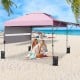 Outdoor instant pop-up canopy tent in pink with dual side awnings, ideal for beach picnics and sun protection.