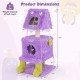 Cute monster-themed cat tower in purple with two condos, sisal scratching post, and plush hanging toys for playful.