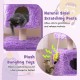 Purple cat tower featuring two cozy condos, sisal scratching post, and plush dangling toys for playful cats.