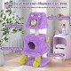 Whimsical purple monster-themed cat tree with two condos, plush fabric, and hanging toys for playful cats.