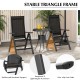 Black outdoor dining chairs with soft padded seats and adjustable backrests, featuring a stable triangular aluminum.