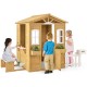 Wood playhouse with bench and serving stations, featuring windows and door, designed for kids aged 2 and up.