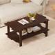 Walnut 2-tier coffee table with slatted surface and open shelf, perfect for living room storage and decoration.