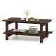 Walnut 2-tier coffee table with slatted surface and open shelf, perfect for home or office decor and storage.
