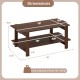 2-tier walnut coffee table with slatted surface and storage shelf, featuring dimensions and load capacity details.