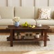 Walnut 2-tier coffee table with slatted surface and open shelf, perfect for living room storage and decor.