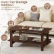 2-tier coffee table in walnut with slatted wood surface, open shelf for storage, ideal for home decor and convenience.