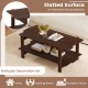 Walnut 2-tier coffee table with slatted surface and open shelf, ideal for home, waiting room, or reception area.