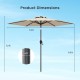 7.5 feet outdoor patio market umbrella in beige with dimensions, featuring a push button tilt and sturdy construction.