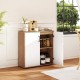 Coffee bar cabinet with white doors and natural wood finish, featuring adjustable shelves for versatile storage in any.