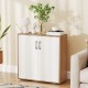 Coffee bar cabinet in natural finish with white doors, featuring a spacious countertop and 5-position adjustable shelf.
