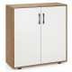 Natural coffee bar cabinet with white doors, adjustable shelf, and metal handles for versatile storage in living or.
