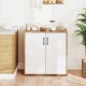 Coffee bar cabinet with white doors and natural wood finish, featuring a spacious countertop and adjustable shelf for.