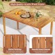 Rectangular outdoor dining table made of acacia wood, featuring a slatted tabletop and smooth round corners for safety.