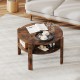 Round coffee table in rustic brown with storage shelves, perfect for small spaces and stylish living room decor.