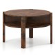 Round coffee table in rustic brown with storage shelves, featuring thick legs and protective foot pads for stability.