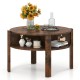 Rustic brown round coffee table showcasing a smooth surface and side shelves, ideal for small space living rooms.