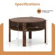 Round coffee table with storage shelves in rustic brown, featuring a wide tabletop and sturdy legs for small spaces.