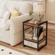 Rustic brown nightstand with open storage shelf and fabric drawer, perfect for living room or bedroom use.