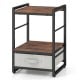 Industrial bedside table featuring a rustic brown wood surface, open storage shelf, and removable fabric drawer for.
