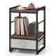 Rustic brown nightstand with open storage shelf, fabric drawer, and heavy-duty metal frame for versatile use.