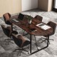 Oval home office table in rustic brown with a spacious surface and sturdy metal base, perfect for executive meetings.