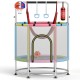 55" kids trampoline in pink with safety net, adjustable gym bar, and accessories for fun playtime indoors or outdoors.