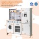 Pretend play kitchen for kids featuring stove, sink, washing machine, and realistic sounds, perfect for imaginative.