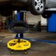 Height adjustable yellow rolling garage stool with tool tray storage, padded seat, and 5 wheels for easy mobility.