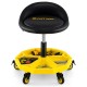 Height adjustable rolling garage stool with tool tray storage, yellow, featuring a padded seat and 5 universal wheels.