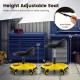 Height adjustable rolling garage stool in yellow with tool tray, 20"-25" height, 5 wheels, and padded seat for comfort.