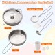 Stainless steel pot and pan with three kitchen utensils, cup, and ice cubes for pretend play cooking fun.