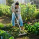 Aluminum lawn loosening soil rake with 19 curved tines, used for leveling soil and enhancing landscaping efficiency.