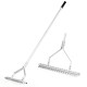 20-inch aluminum lawn loosening rake with long handle and 19 curved tines for efficient soil leveling and thatch.