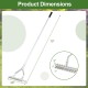 Dimensions of the 20-inch wide aluminum lawn loosening soil rake with a 70-inch long handle and 19 curved tines.