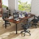 Large 8 FT rustic brown conference table with metal frame, seating up to 10 people, ideal for meetings and workspaces.