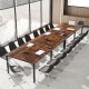 Large 8 FT conference room table in rustic brown, seating up to 10, with built-in cable grommets and sturdy metal frame.