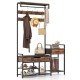 Freestanding 70-inch hall tree in rustic brown with shoe storage bench, hooks, and shelves for organized entryway.
