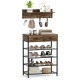 5-tier shoe rack with wall-mounted coat hanger, brown finish, featuring drawers and hooks for entryway organization.