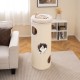 Elevated 49-inch beige cat house with 4 stories, featuring a comfy top perch and sisal scratching board for multiple.