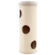 Elevated 49-inch beige cat house with 4 stories, scratching board, and removable perch for multiple cats.