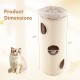 4-story beige cat house with dimensions, featuring scratching board and removable perch for multiple cats.