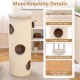 Elevated 49-inch beige cat house with 4 stories, large cat holes, and a comfy top perch for multiple cats.