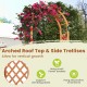 Wooden garden arch with arched roof and side trellises, perfect for climbing plants and decorative hanging items.