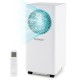 Portable 8200 BTU air conditioner with remote control, featuring cooling, dehumidifying, and fan modes for versatile.