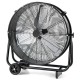 Industrial drum fan with 2 wheels, 360-degree tilt, and heavy-duty metal construction for efficient ventilation.