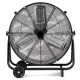Industrial drum fan in black with 3 speed options, 360-degree tilt, and 2 wheels for easy mobility and airflow control.