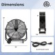 Industrial drum fan with 360-degree tilt, 3 speed options, and heavy-duty metal construction for efficient airflow.
