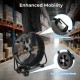 Industrial drum fan with 2 wheels and handles, featuring 360-degree tilt and sturdy metal construction for efficient.
